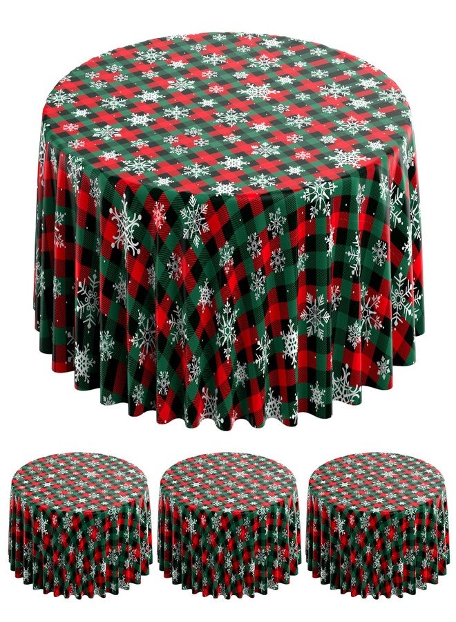 Jectivs 3Pcs Christmas Buffalo Plaid Snowflake Party Tablecloths Decorations,Plastic Red and Green Checkered Round Table Cover for Winter Christmas New Year Birthday Holiday Party Decorations,84 inch - Image 1